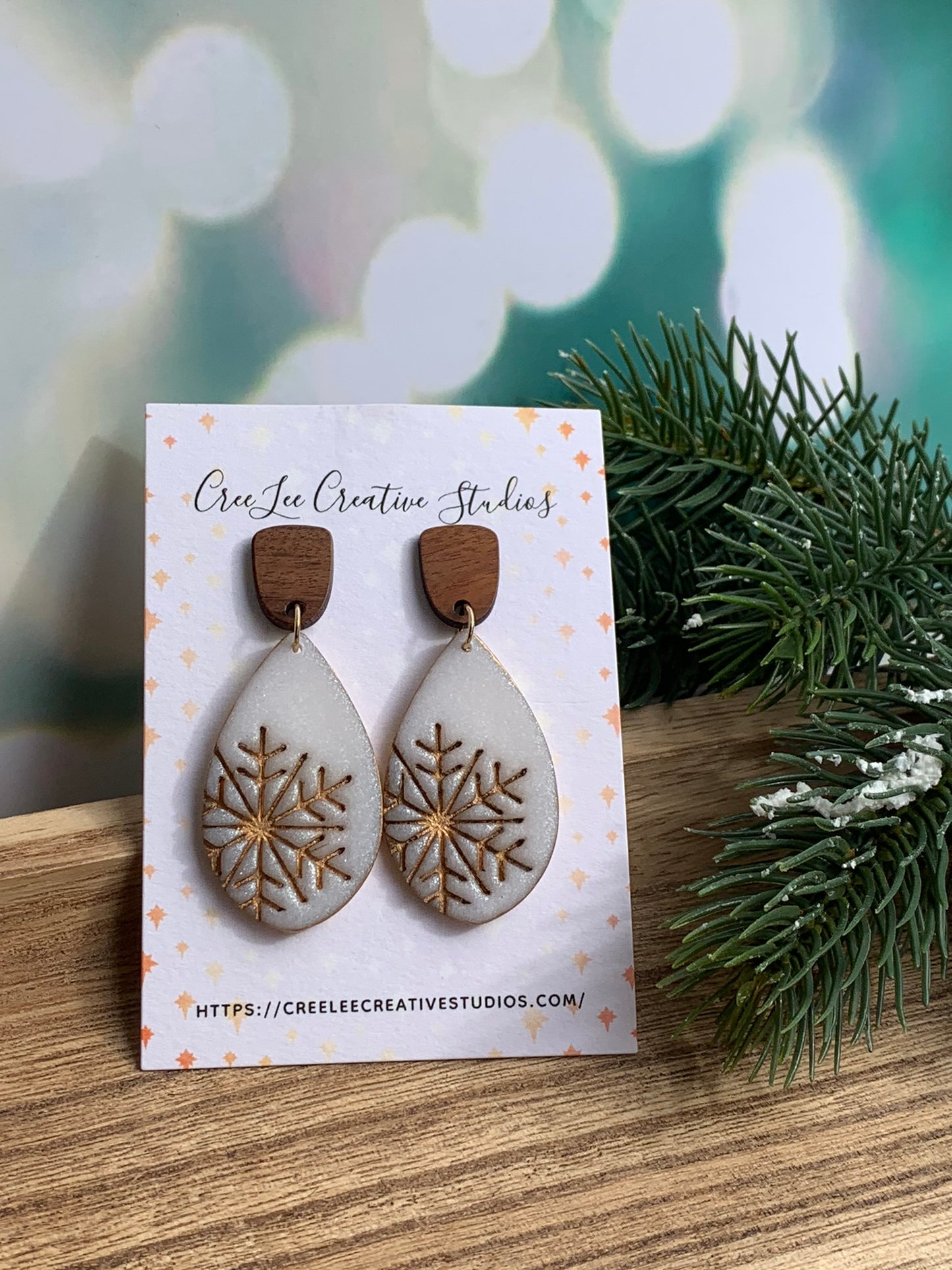 Winter - Matte Snowflake Teardrop Earrings — Gold Accent + Wood Stud
