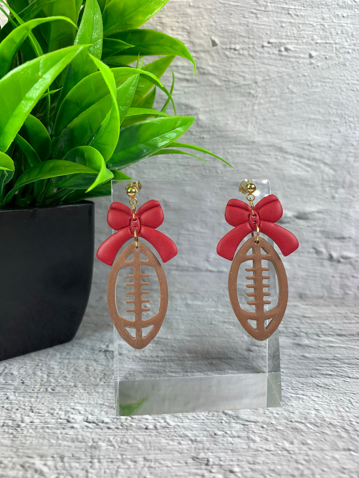 Big Bow Energy — Large Football Outline Red Bow Polymer Clay Earrings