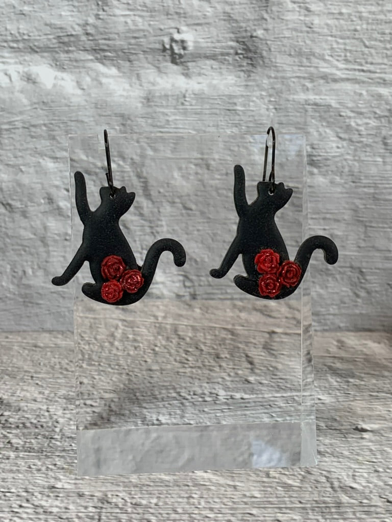 NEW * The Bewitched Cat Earrings — Black Cat and Flower Polymer Clay Jewelry