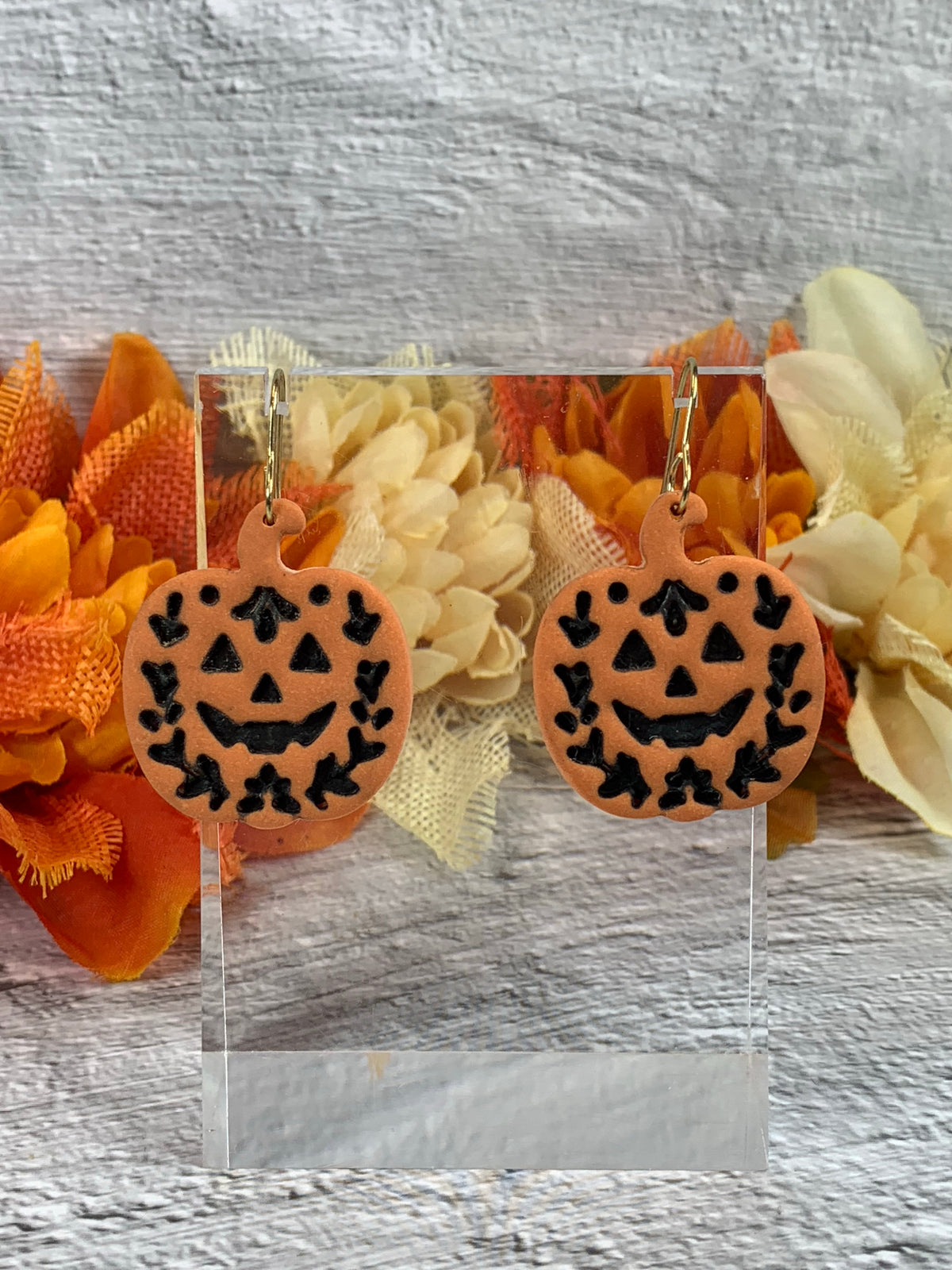 NEW * The Folk-Art Jack — Floral Pumpkin Halloween Earrings