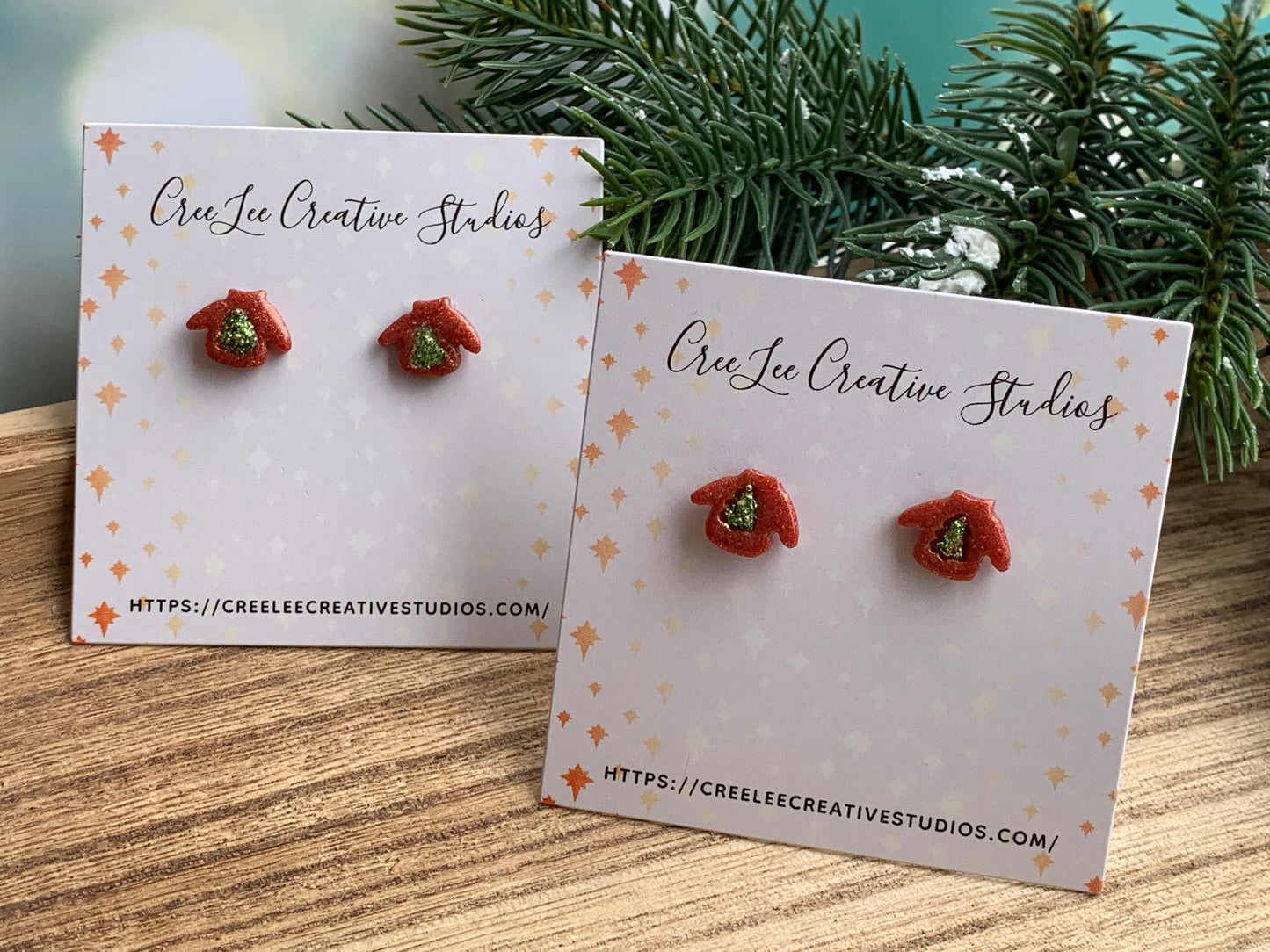 Winter - Sweater with Green Tree Stud Earrings