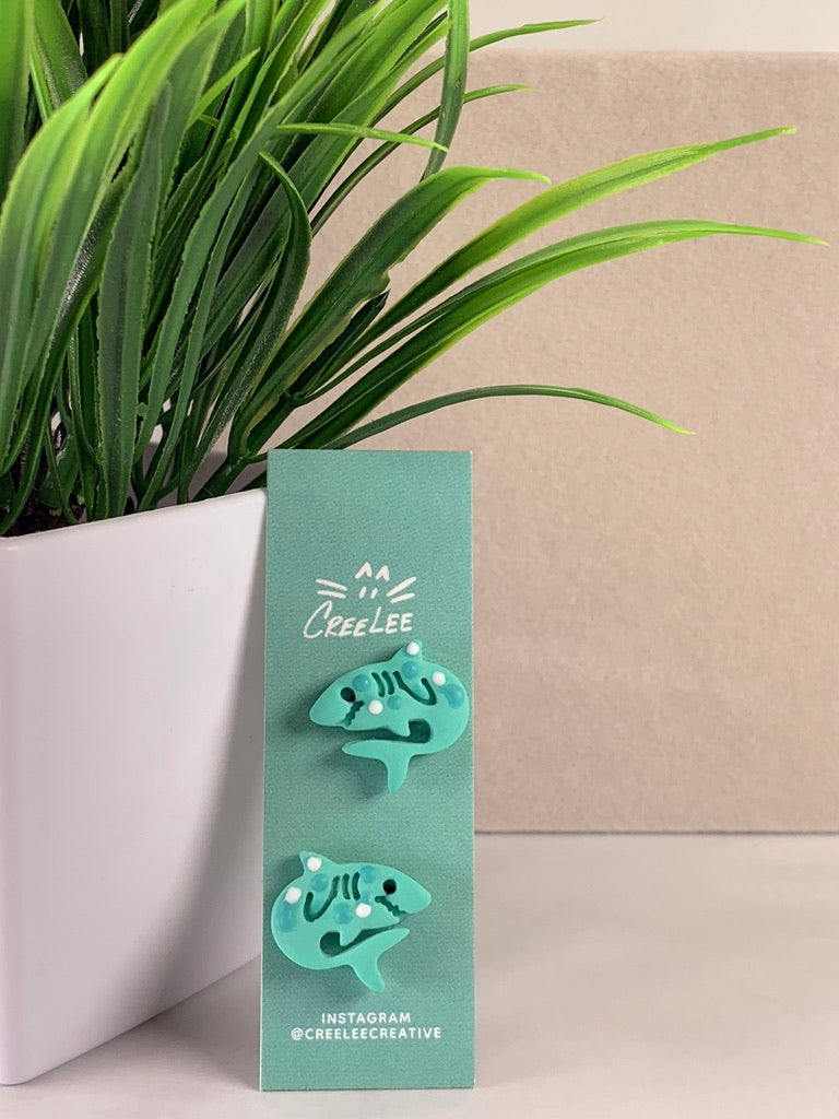 New - Fin & Dandy Shark Stud Earrings – Handmade Teal Polymer Clay Ocean Shark Earrings