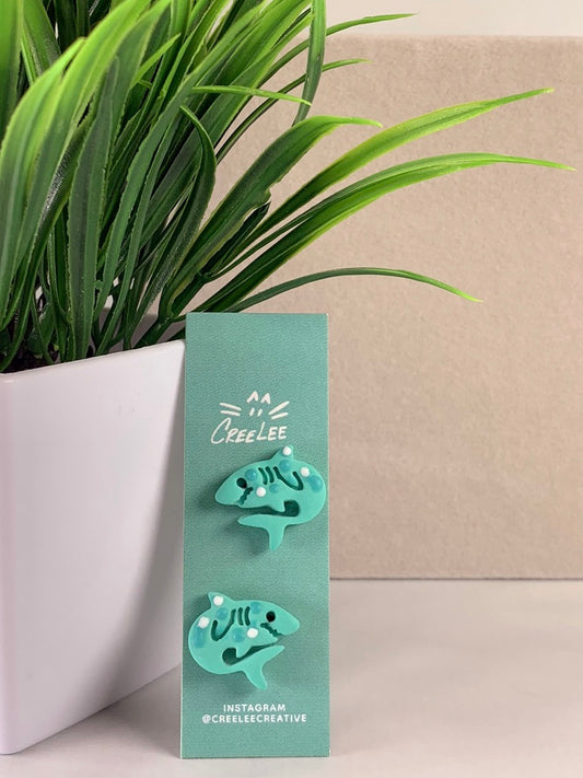 New - Fin & Dandy Shark Stud Earrings – Handmade Teal Polymer Clay Ocean Shark Earrings