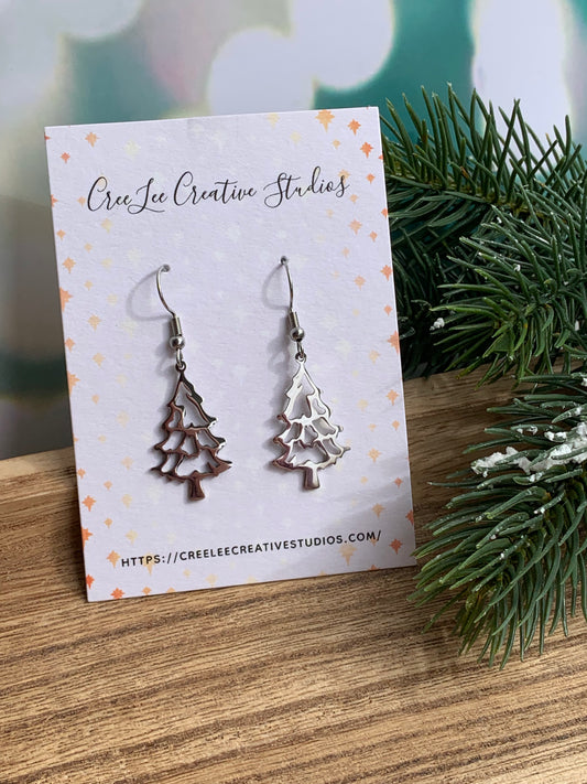 Winter - Silver Christmas Tree Earrings — Stainless Steel Cut-Out Dangle Earrings | Lightweight Holiday Jewelry