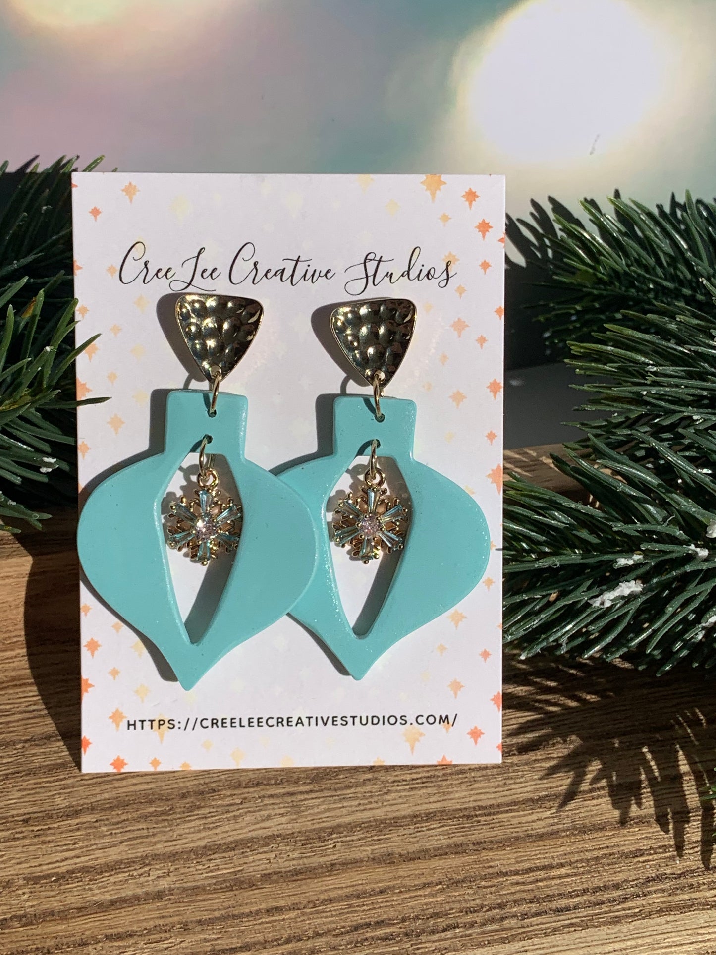 "New" Winter - Mid-Century Aqua Ornament Dangle Earrings – Snowflake Charm