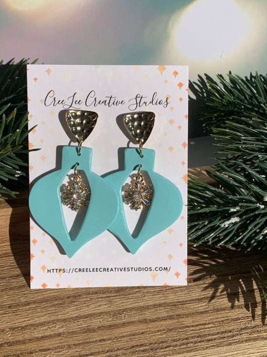 "New" Winter - Mid-Century Aqua Ornament Dangle Earrings – Snowflake Charm
