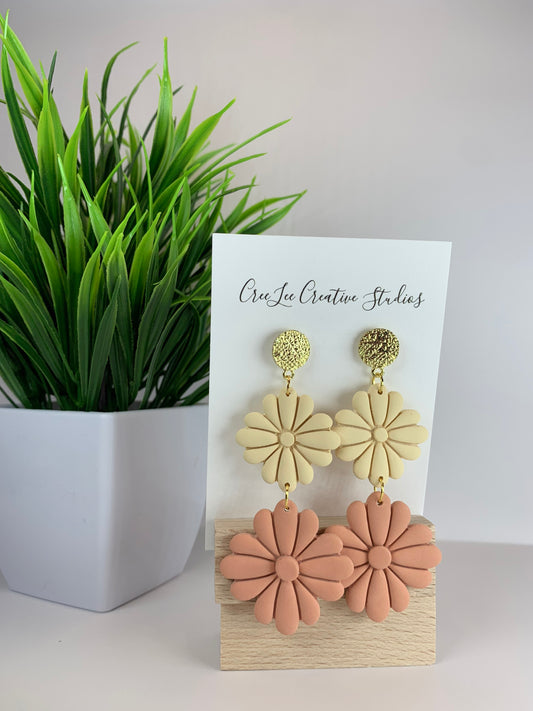 New - Honey Bloom Double Daisy Earrings – Handmade Floral Statement Dangle Earrings