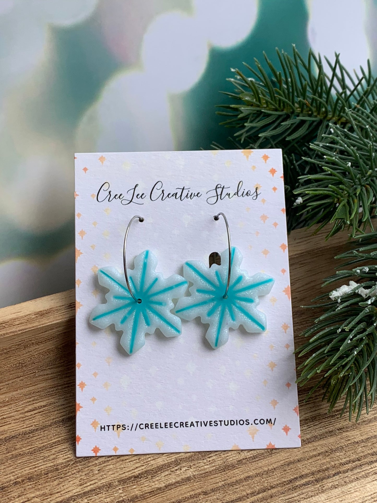 Winter - Polymer Clay Snowflake Hoop Earrings — Turquoise Accent on Stainless Steel Hoops