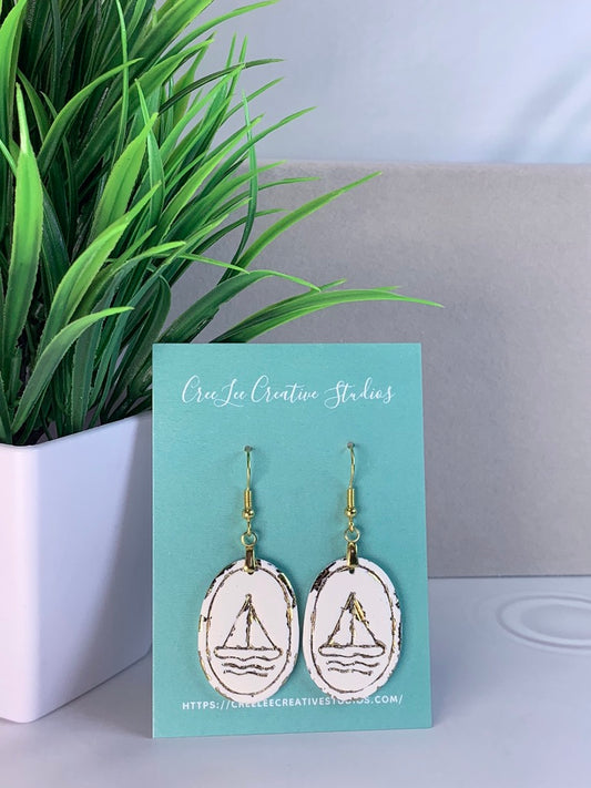 New - Gilded Voyage Earrings – Handmade Gold Foil Sailboat Polymer Clay Dangle Earrings