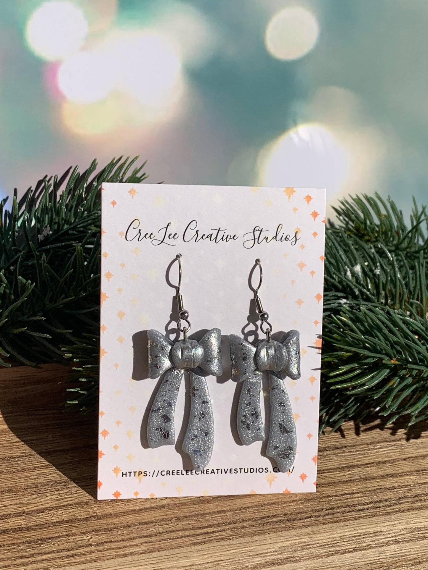 Winter Silver-Leaf 3D Bow Statement Earrings — Large Silver Clay Bows