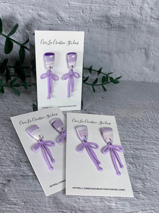 Lavender Marble Bow Dangle Earrings - Purple Marble Emma Earrings