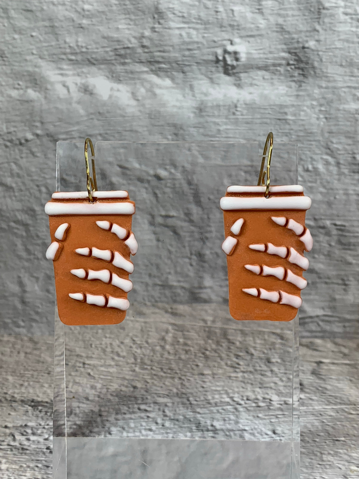 NEW * Dead Tired Pumpkin Spice — Skeleton Coffee Cup Halloween Earrings