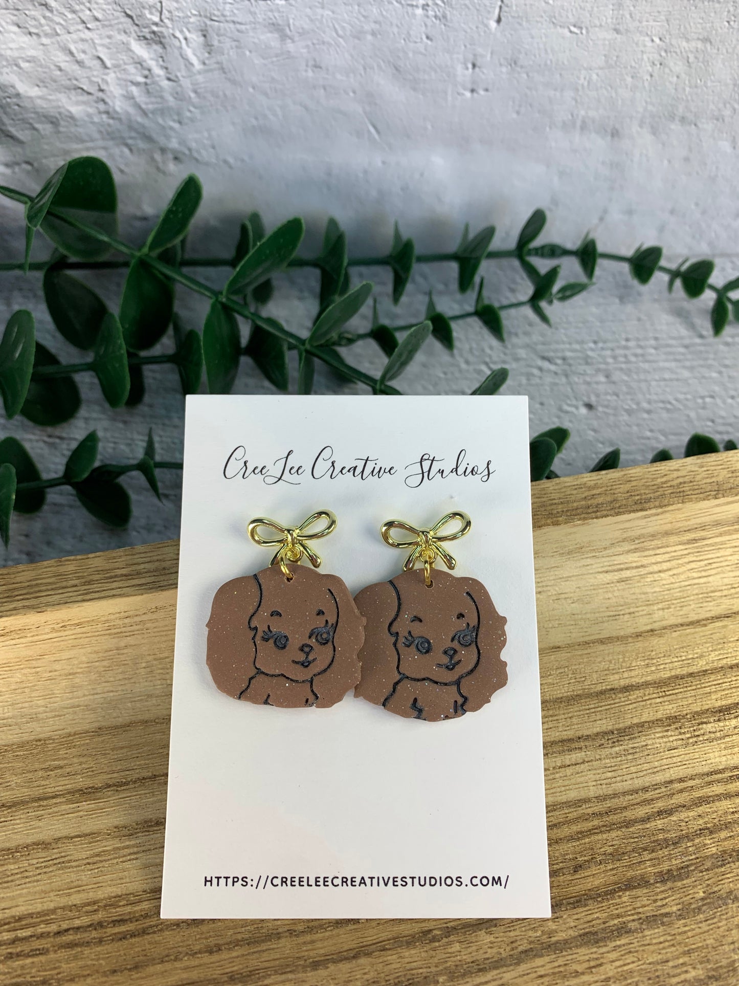 Dog - Brown Cocker Spaniel Earrings with Gold Bow