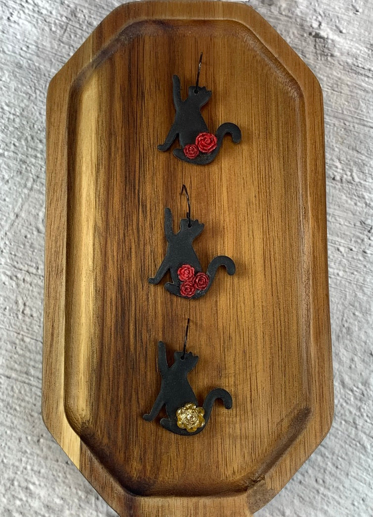 NEW * The Bewitched Cat Earrings — Black Cat and Flower Polymer Clay Jewelry