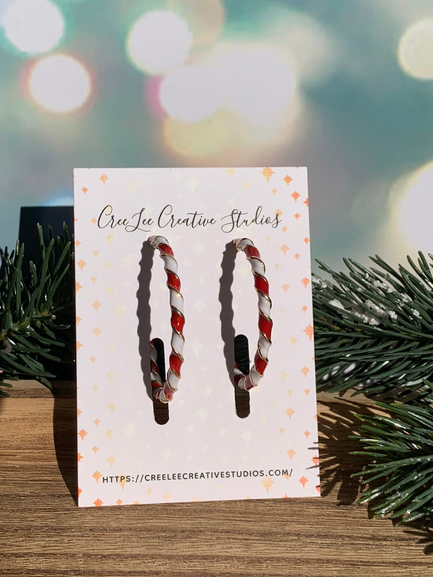 "New" Winter - Gold Candy-Stripe Open Hoop Earrings — Red & White Enamel • CreeLee Creative Studios