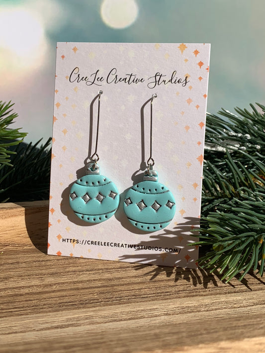 "New" Winter - Vintage Aqua Round Ornament Dangle Earrings – Silver Accented MCM Holiday Statement