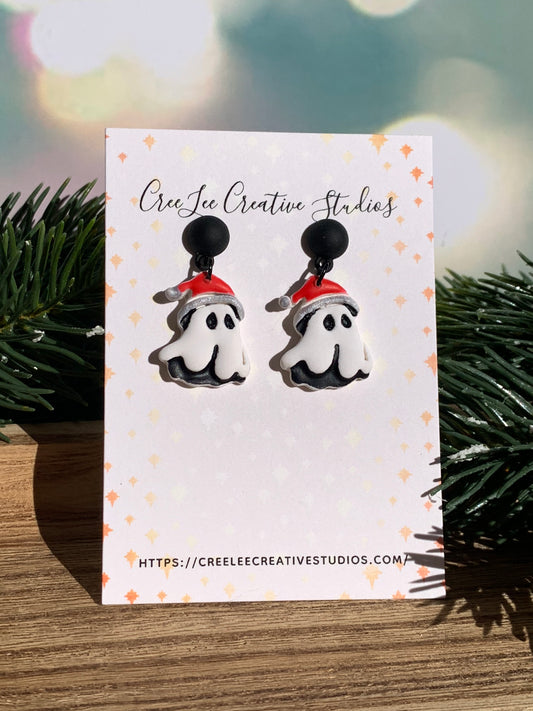 "New" Winter - Ghost with Santa Hat Earrings — Creepmas Holiday Dangles
