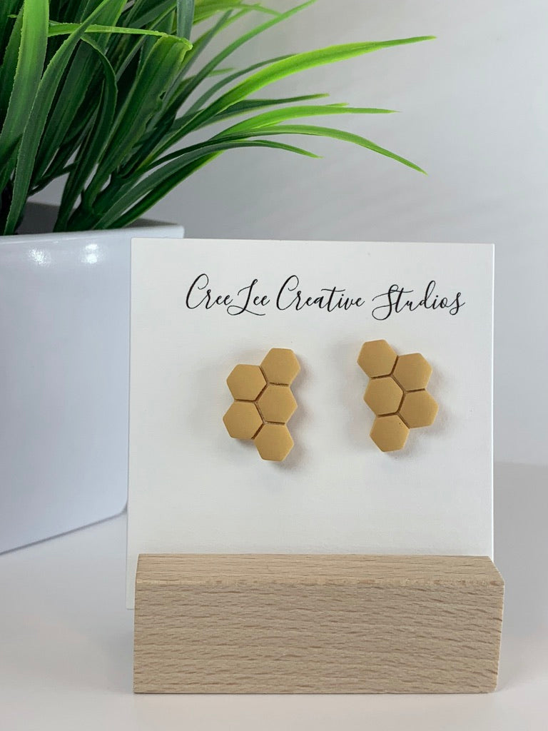 New - Honeybee Hex Stud Earrings – Handmade Honeycomb Bee Studs