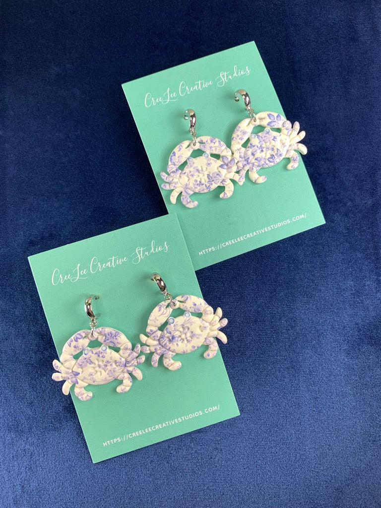 New - Blue Chintz Crab Earrings – Coastal Floral Crab Dangle Earrings