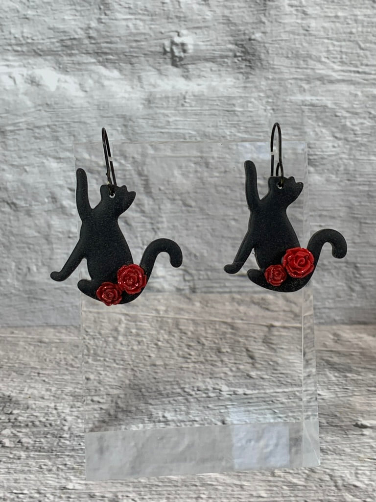 NEW * The Bewitched Cat Earrings — Black Cat and Flower Polymer Clay Jewelry