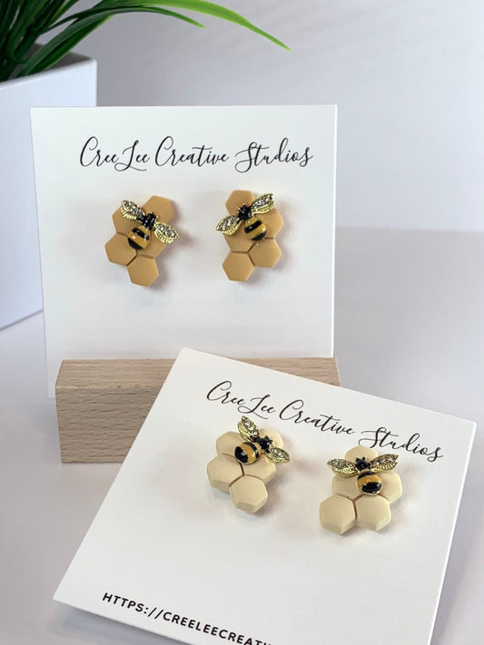 New - Honeybee Hex Stud Earrings – Handmade Honeycomb Bee Studs