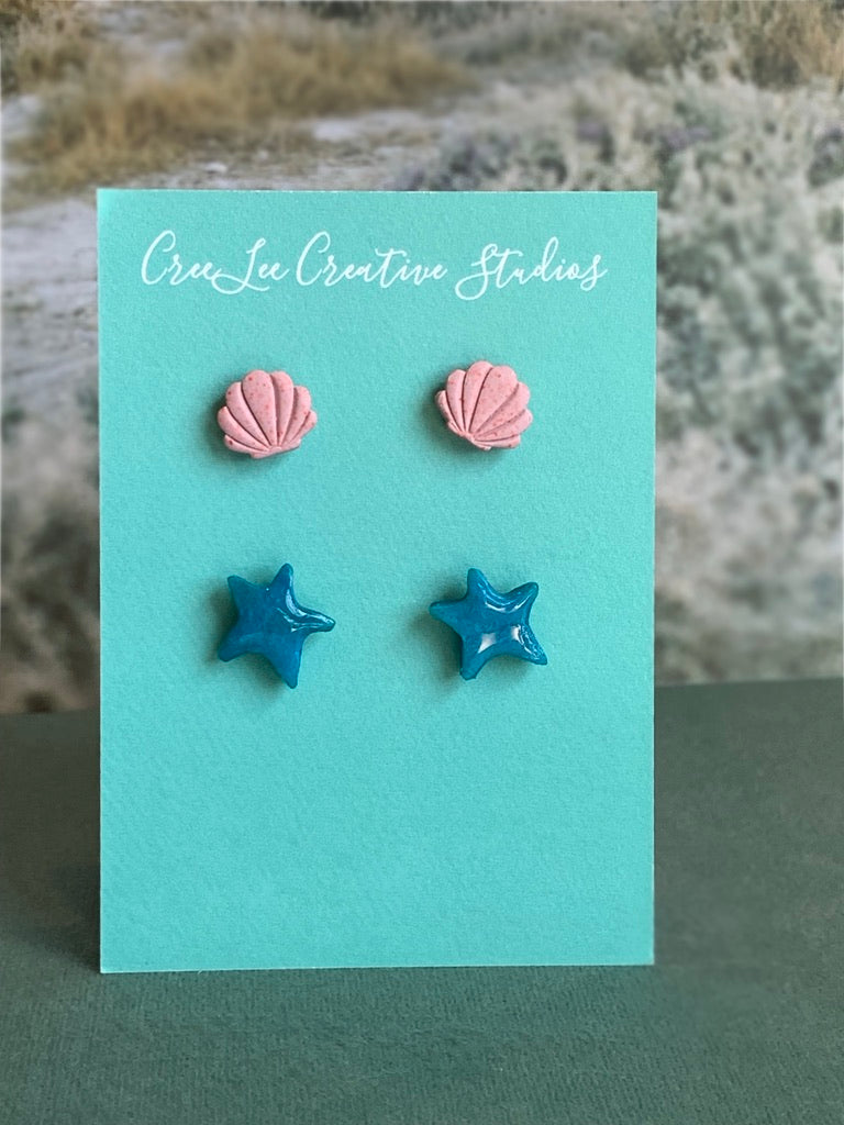 Pink Shells & Blue Starfish Stud Set