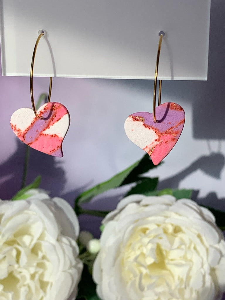 Marbled Earrings - Pink and Purple Marbled Heart on Hoops - 2-in-1 design