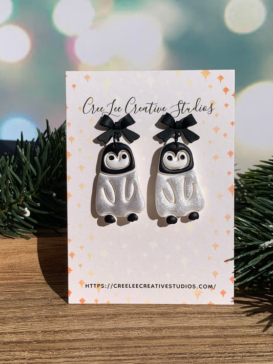 "New" Winter Emperor Penguin Chick Dangle Earrings — Hand-Painted Polymer Clay Earrings — Cute Winter Animal Earrings by CreeLee Creative Studios