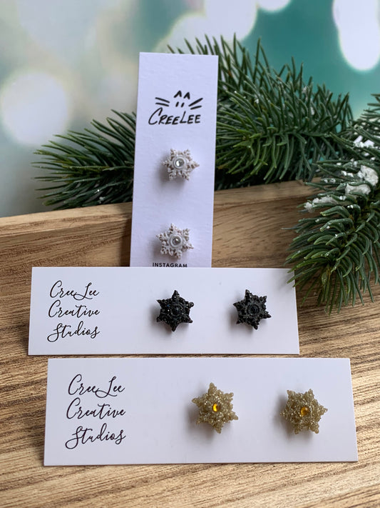 Winter - Snowflake Stud Earrings — Handcrafted Star Snowflake Studs with Center Crystal | White • Black • Gold