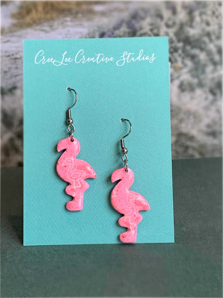 Pink Printed Flamingo Dangle Earrings