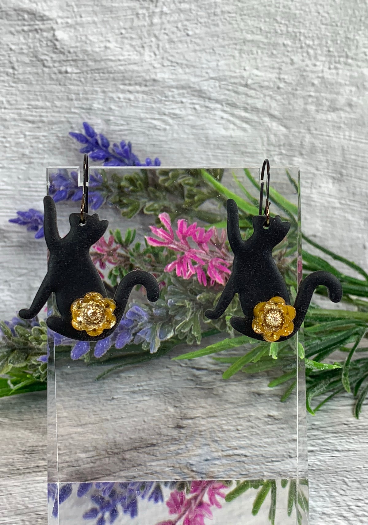 NEW * The Bewitched Cat Earrings — Black Cat and Flower Polymer Clay Jewelry
