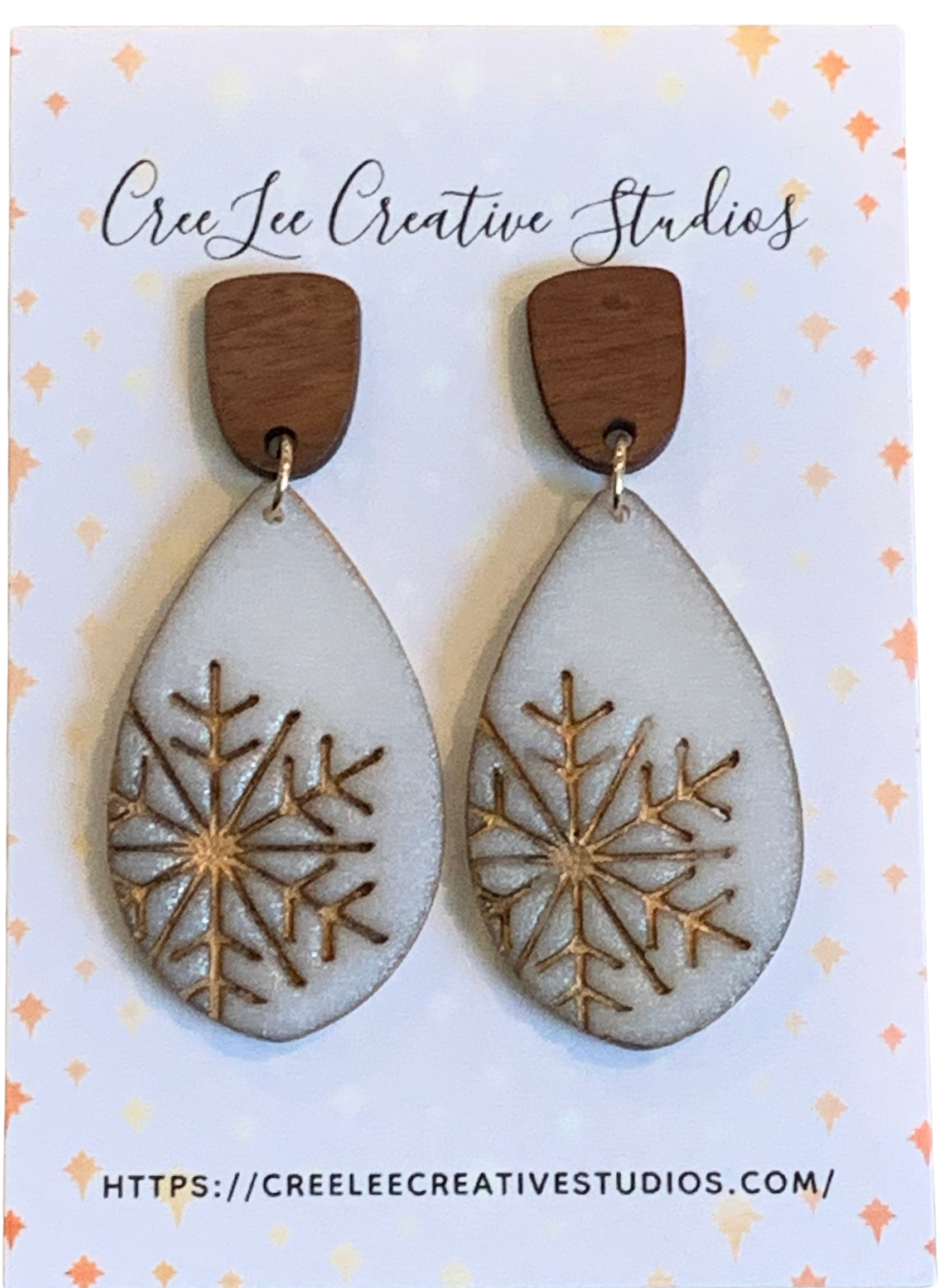 Winter - Matte Snowflake Teardrop Earrings — Gold Accent + Wood Stud
