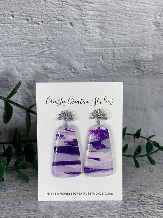 Amelia Earrings – Purple Marble Polymer Clay with Silver Foil & CZ Sunburst Studs