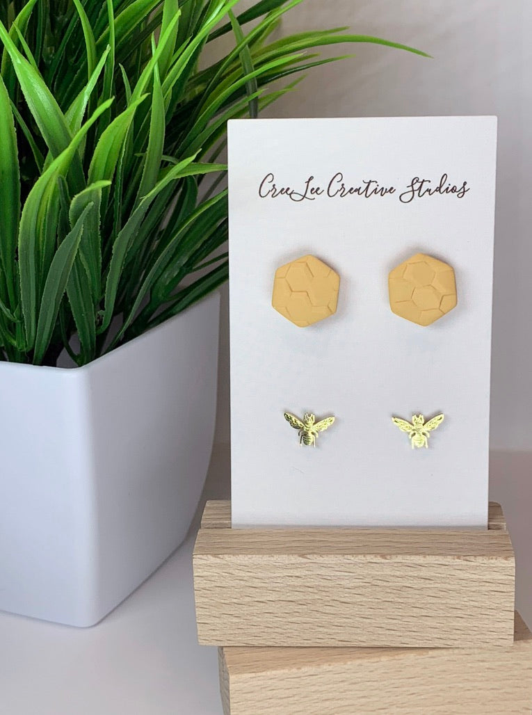 New - Hex & Honey Bee Stud Set – Handmade Honeycomb & Bee Earrings