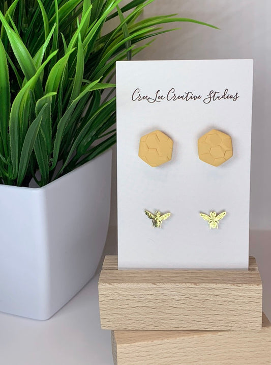 New - Hex & Honey Bee Stud Set – Handmade Honeycomb & Bee Earrings