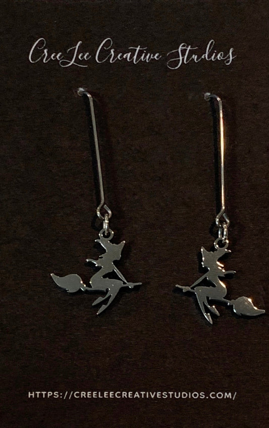 Spooky - Stainless Steel Flying Witch Earrings - RESTOCKED