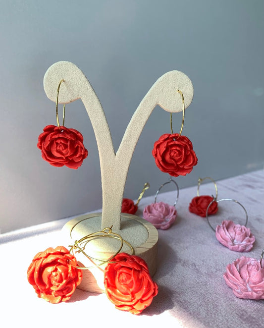 Flower Earrings - Roses on Hoops