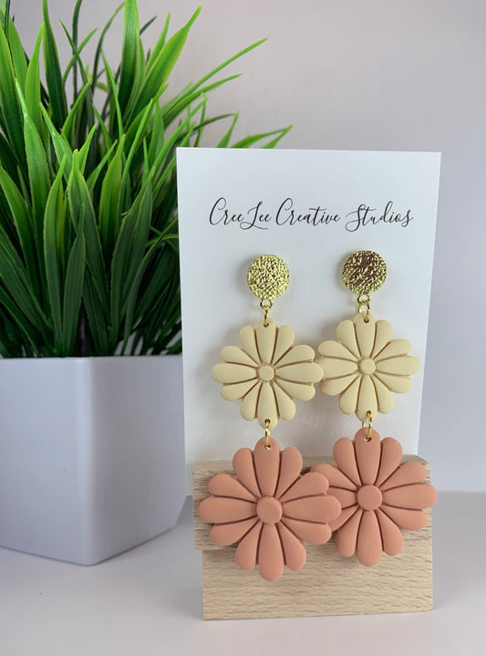 New - Honey Bloom Double Daisy Earrings – Handmade Floral Statement Dangle Earrings