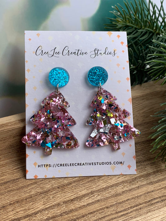 Winter - Confetti Acrylic Pink and Turquoise Christmas Tree Earrings | Lightweight Holiday Earrings