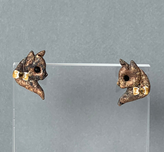 Cat Earrings - Fluffy Brown Cat Studs