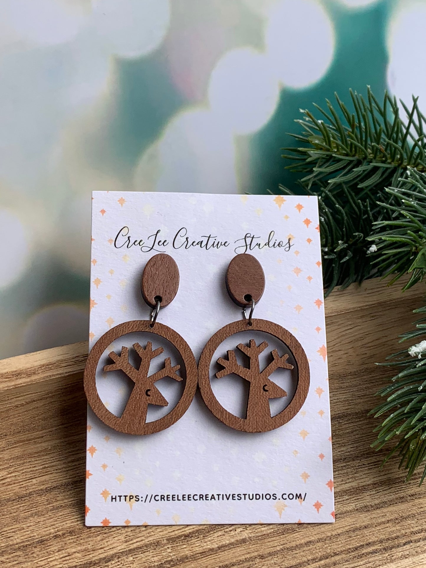 Winter - Round Wooden Reindeer Earrings
