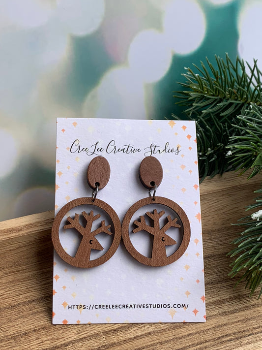 Winter - Round Wooden Reindeer Earrings