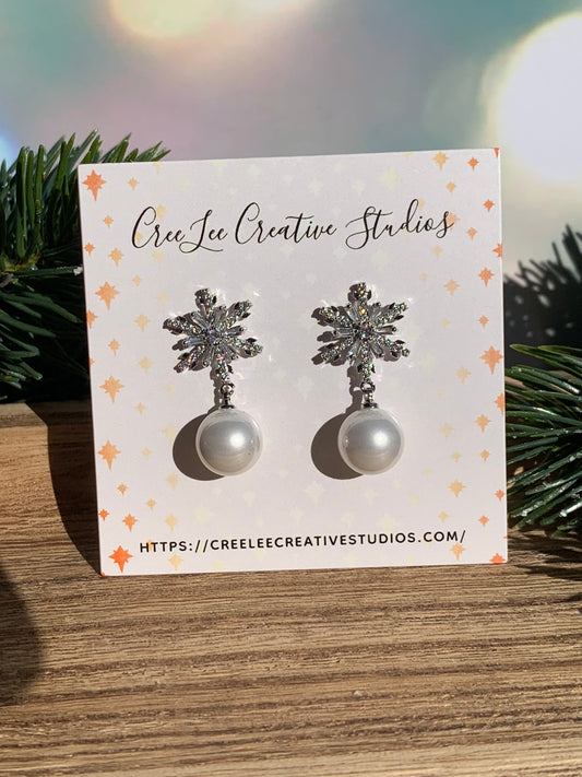 "New" Winter - Snowflake & Pearl Drop Earrings – Silver CZ Winter Jewelry | Elegant Christmas Earrings