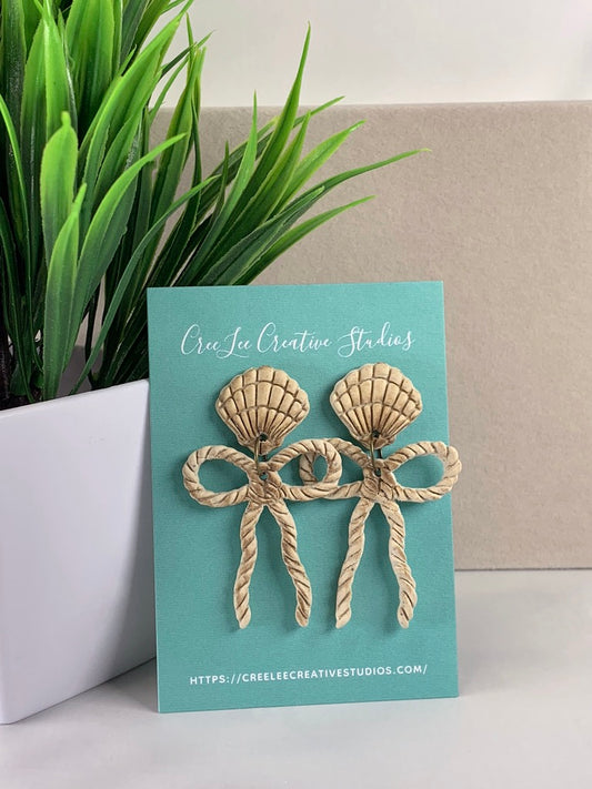 New - Nautical Bow Earrings – Handmade Coastal Rope Bow and Shell Polymer Clay Earrings