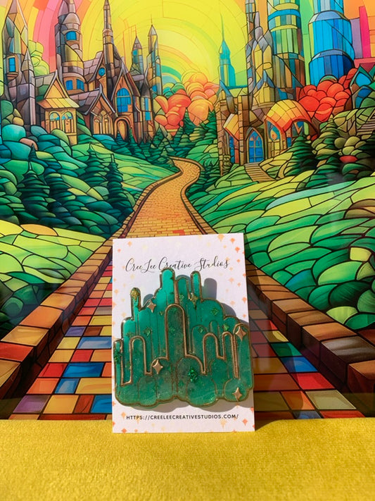 Wicked City of Oz Pin – Handmade Emerald Skyline Polymer Clay Pin | Wicked Collection by CreeLee Creative Studios