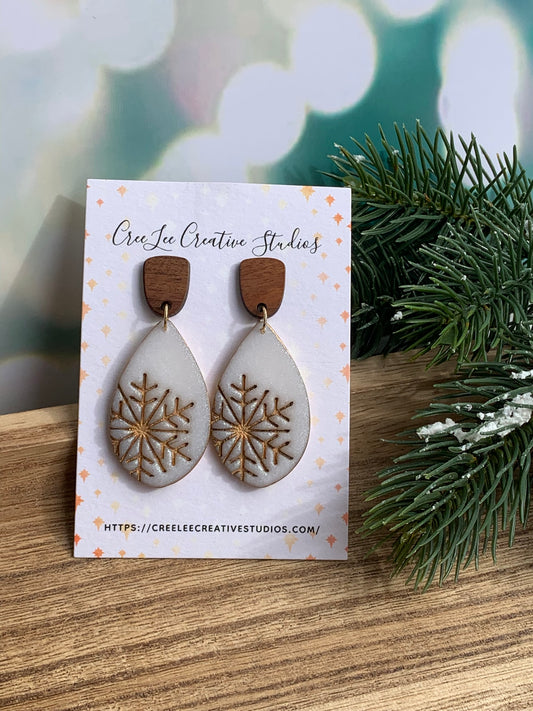 Winter - Matte Snowflake Teardrop Earrings — Gold Accent + Wood Stud