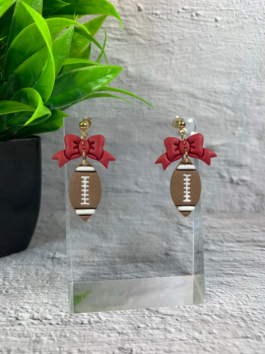 Touchdown, But Make It a Bow — Red Bow Football Polymer Clay Earrings