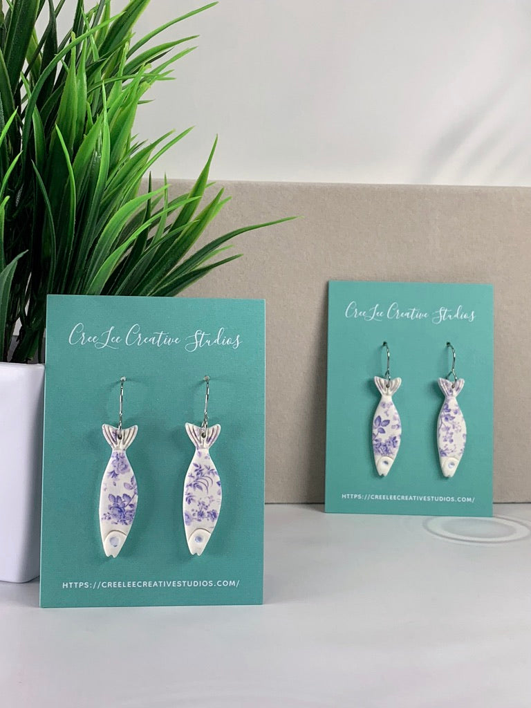 New - Blue Floral Sardine Earrings – Handmade Coastal Fish Dangle Earrings