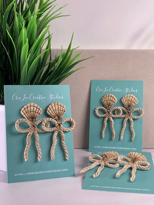 New - Nautical Bow Earrings – Handmade Coastal Rope Bow and Shell Polymer Clay Earrings