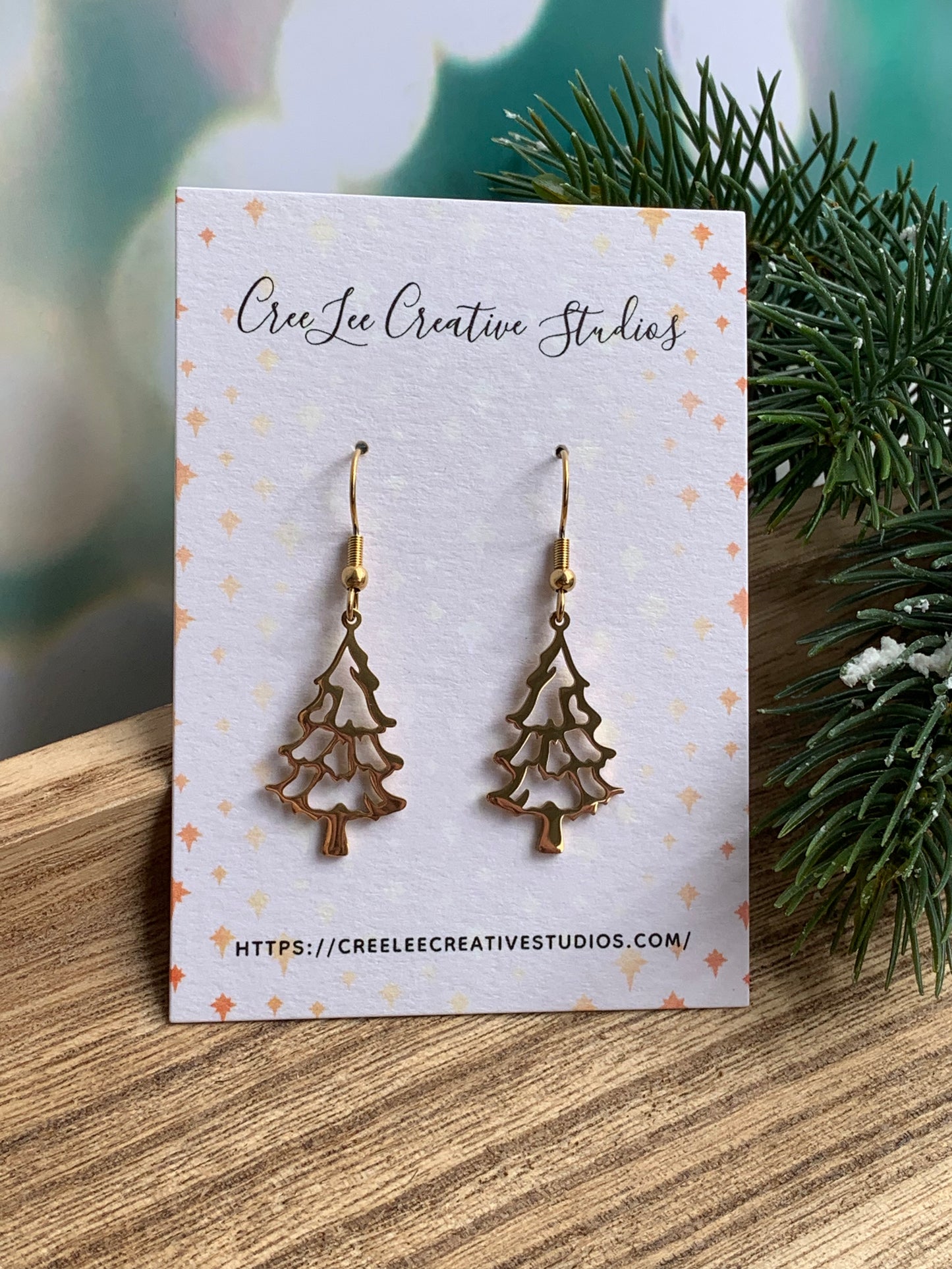 Winter - Gold Christmas Tree Earrings — 14K Gold-Plated Stainless Steel Cut-Out Dangle Earrings | Lightweight Holiday Jewelry